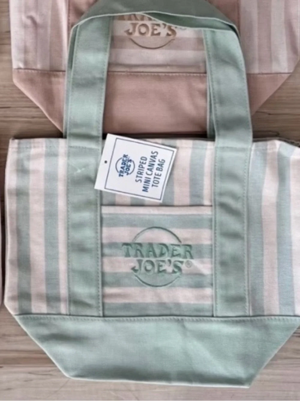 TWO Pink & Green Trader Joe’s Mini Pastel Stripe Canvas Tote Bag, new